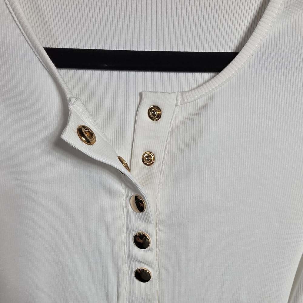 Ribbed Long Sleeve Henley Gold Snapp Womens Size S White - Picture 2 of 10